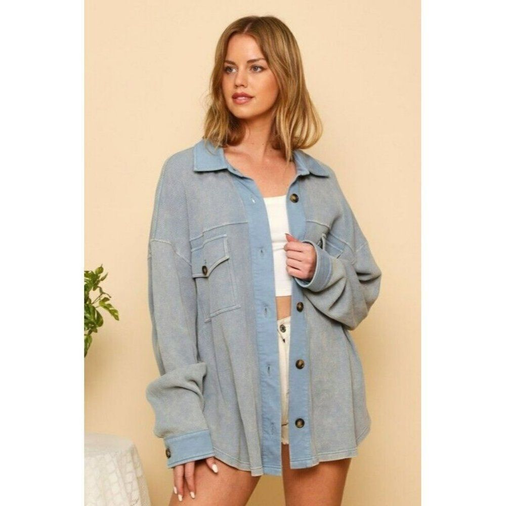 Peach Love CA Blue Fog Button Up Shirt Jacket Shacket Vintage Wash IKJ34335-01 - Picture 4 of 6